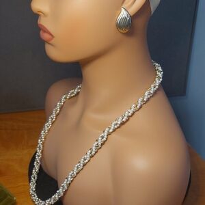 Faux Pearl Bead 28" Necklace Earrings Gold Tone